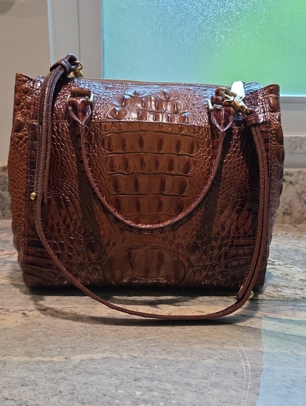 Brahmin Malia Croc-Embossed Brown Leather Satchel with Gold Hardware - Picture 2 of 10